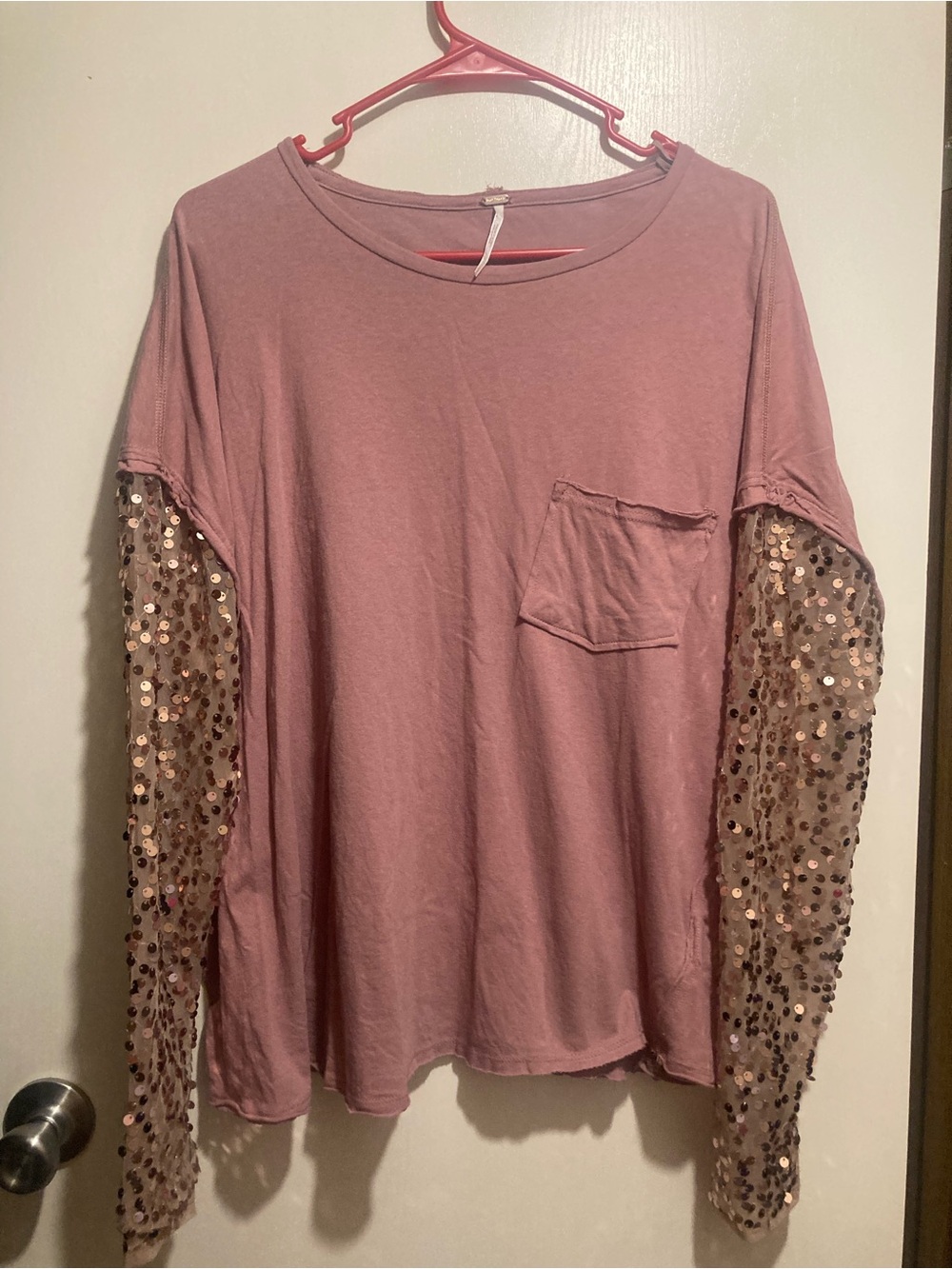 Free People Dusty Rose Sequin Sleeve Pocket Top
